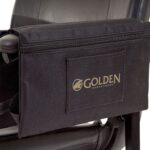 Close-up of a black Golden Tech Armrest Bag attached to a chairs armrest, featuring the Golden Technologies logo.