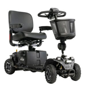 Four-wheel mobility scooter with a black seat, basket on front, and all-terrain tires.