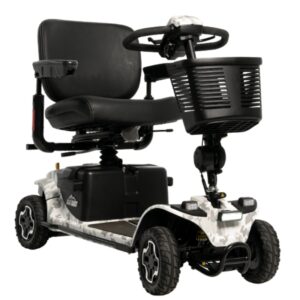 Four-wheeled mobility scooter with a black seat, front basket, and camo-patterned exterior.