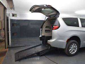 Silver Chrysler Pacifica with BraunAbility Rear Entry Manual Fold Out conversion