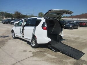 White Chrysler Pacifica with BraunAbility Rear Entry Manual Fold Out conversion