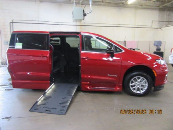 Red Chrysler Pacifica with BraunAbility Side Entry Automatic Fold Out conversion