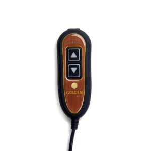 A handheld remote control for the Cambridge Lift Chair features two arrow buttons, a woodgrain design, and the Golden logo, attached to a black cord.