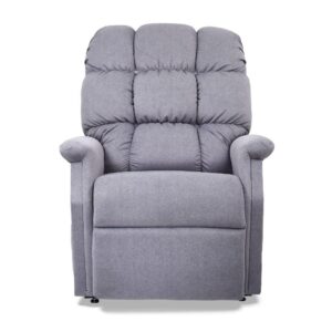 The Cambridge Lift Chair is a gray, cushioned recliner with rounded armrests and a high, tufted backrest, shown from the front against a plain white background.
