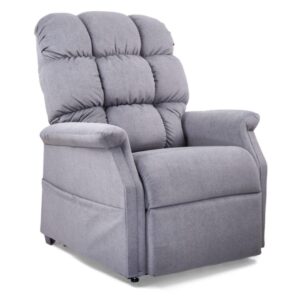 The Cambridge Lift Chair is a gray upholstered recliner featuring a tufted backrest, padded armrests, and a cushioned seat, shown on a white background.