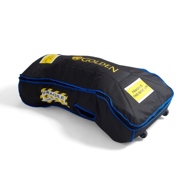 Black and blue padded Travel Bag for Buzzaround CarryOn (GB120) with wheels, sporting yellow Fragile stickers, labeled Golden, and a side handle.