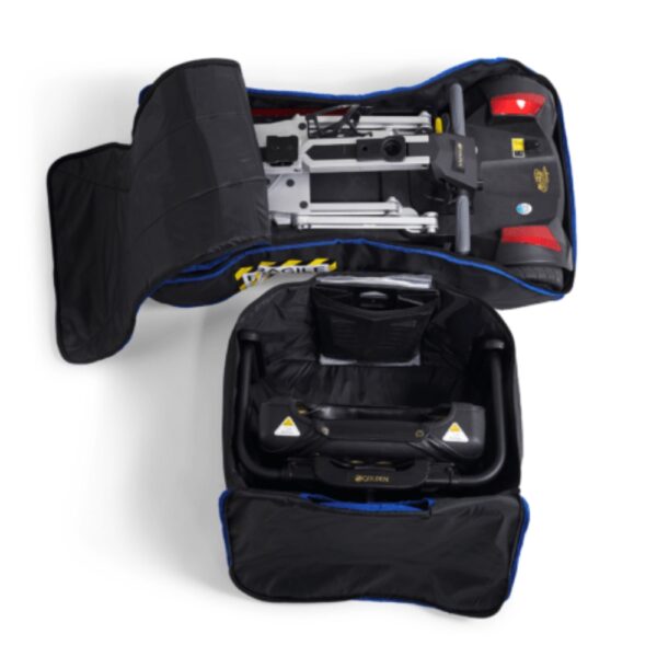 The Buzzaround CarryOn (GB120) electric wheelchair is neatly folded, contained within a partially unzipped black Travel Bag, showcasing the main body and wheels.