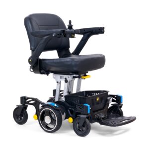 Buzzaround CarryOn power wheelchair with blue shrouds