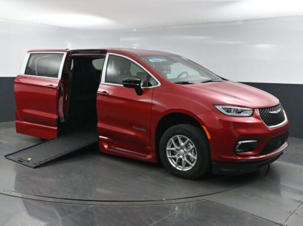 Red Chrysler Pacifica with BraunAbility Side Entry Automatic In Floor conversion