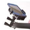 A Golden Tech Cellphone Holder attaches a smartphone, in a blue case, to a black handlebar with a clamp.