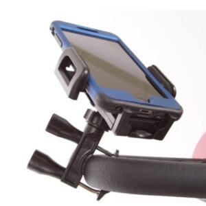 A Golden Tech Cellphone Holder attaches a smartphone, in a blue case, to a black handlebar with a clamp.