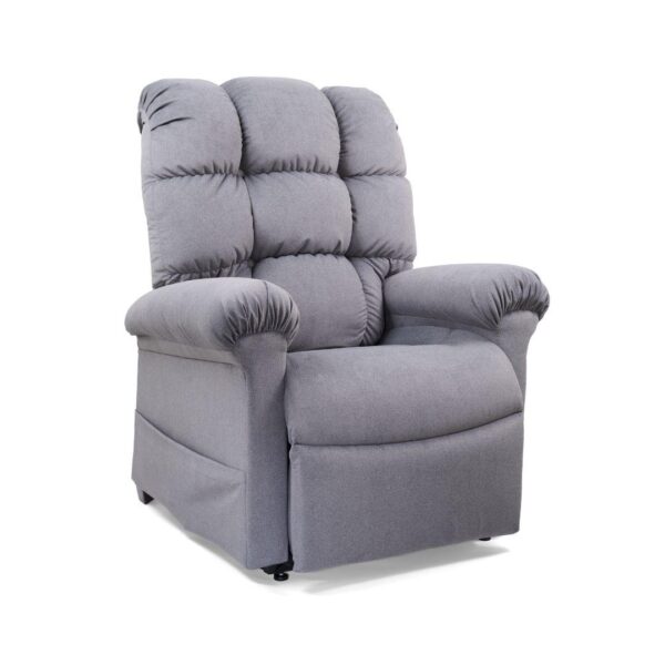 Experience unparalleled comfort in the Cloud Lift Chair, a plush gray recliner with cushioned armrests and a tufted backrest—designed for ultimate relaxation.