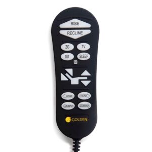 A black Golden brand remote control for the Cloud Lift Chair, featuring white buttons labeled for rise, recline, TV, sleep, sit, head, and lumbar adjustments.