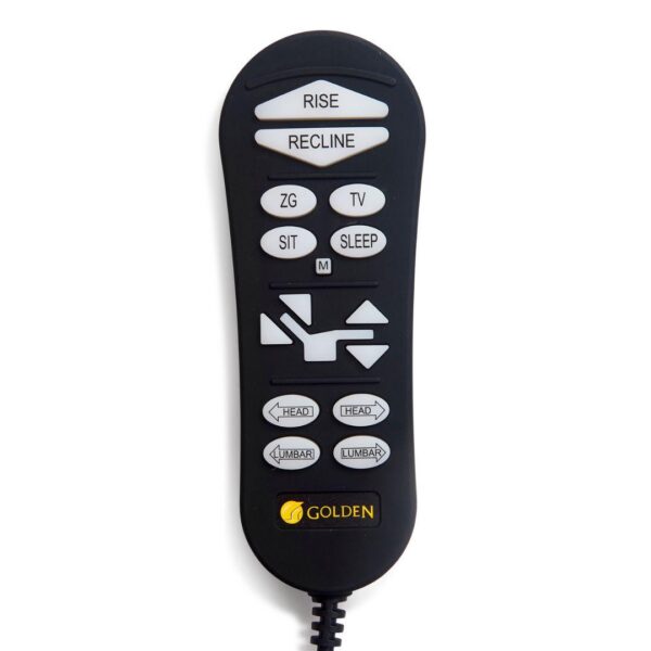 A black Golden brand remote control for the Cloud Lift Chair, featuring white buttons labeled for rise, recline, TV, sleep, sit, head, and lumbar adjustments.