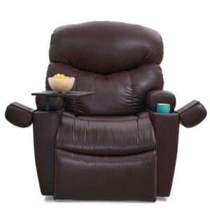The Cloud+ Lift Chair is a brown leather recliner featuring built-in cup holders, an attached tray with a bowl of popcorn, and a drink placed in the right armrest.