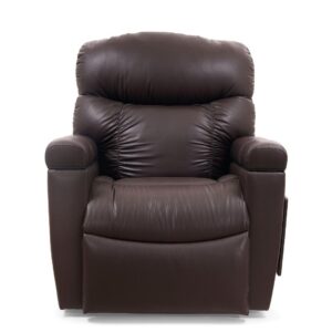 The Cloud+ Lift Chair, a dark brown leather recliner with padded armrests and a cushioned backrest, is shown against a white background.