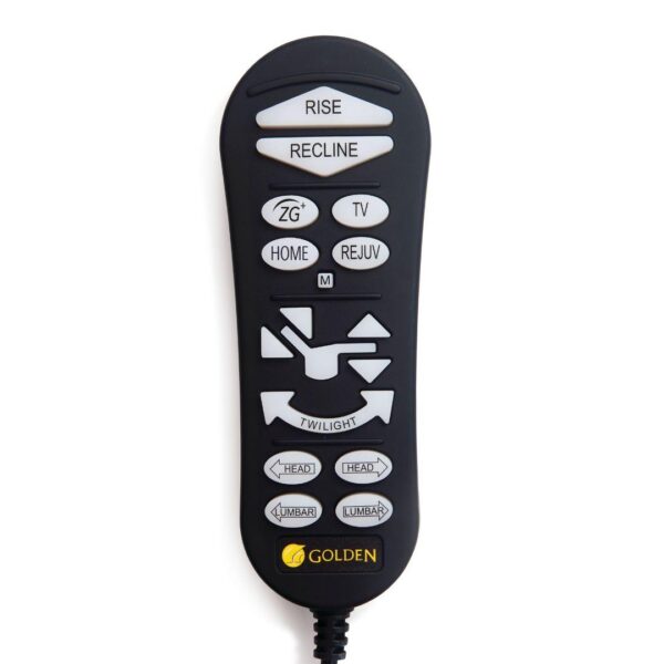 A black handheld remote for the Cloud with Twilight Lift Chair features buttons for Rise, Recline, ZG, TV, Home, Rejuv, adjustable head and lumbar support, plus the Golden logo at the bottom.