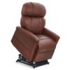The Comforter with Zero Gravity Lift Chair, upholstered in brown leather, is shown partially raised to reveal its sturdy metal lifting mechanism.