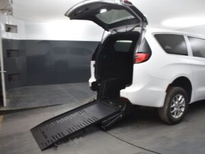 White Chrysler Pacifica with BraunAbility Rear Entry Manual Fold Out conversion