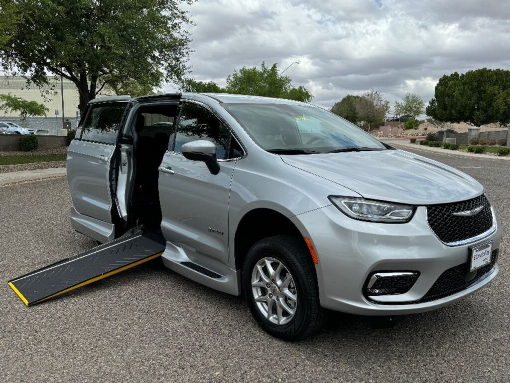 Silver Chrysler Pacifica with Driverge Side Entry Automatic Fold Out conversion
