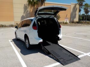 White Chrysler Voyager with BraunAbility Rear Entry Manual Fold Out conversion