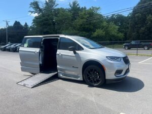 Silver Chrysler Pacifica with BraunAbility Side Entry Automatic In Floor conversion