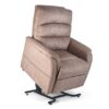 An Elara Lift Chair with tan fabric upholstery is shown partially elevated on a black metal base against a white background.