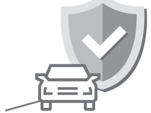 Simple line drawing of a car in front of a shield with a checkmark, symbolizing car safety, security, or insurance.