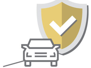 Outline of a car in front of a gold shield with a white checkmark, representing vehicle security or car insurance.