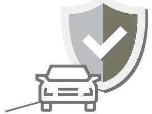 Outline of a car in front of a shield with a check mark, symbolizing vehicle protection or car insurance.