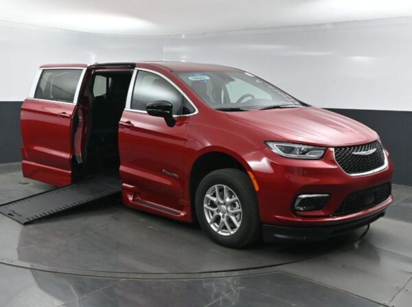 Red Chrysler Pacifica with BraunAbility Side Entry Automatic In Floor conversion