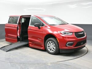 Red Chrysler Pacifica with BraunAbility Side Entry Automatic Fold Out conversion