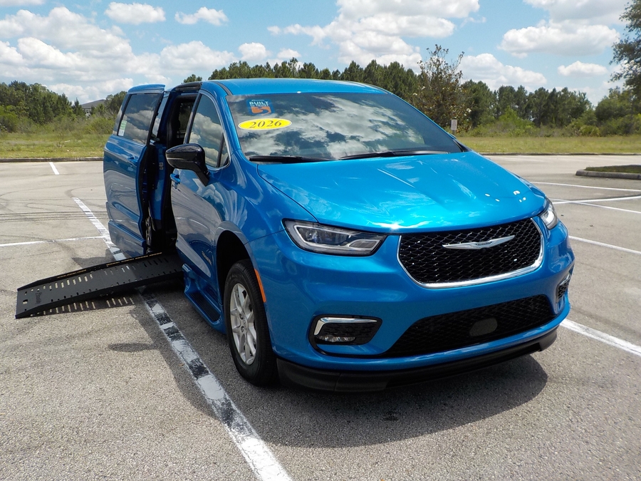 Blue Chrysler Pacifica with BraunAbility Side Entry Automatic Fold Out conversion