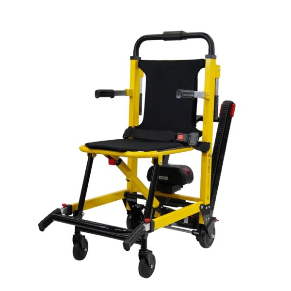 The Genesis Mobile Stairlift is a yellow and black foldable wheelchair equipped with an electric motor and two small front wheels, designed for stair climbing.