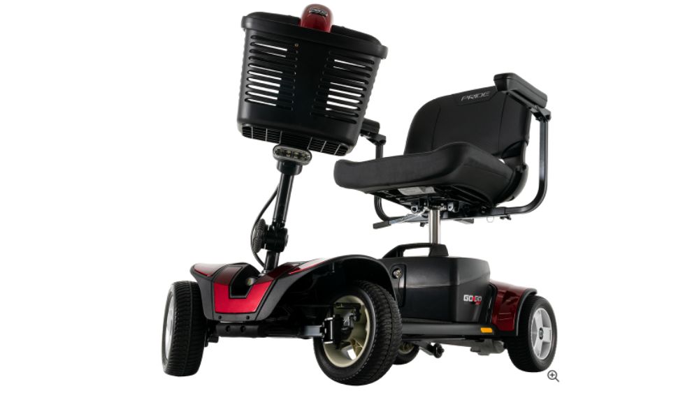 Go Go™ Sport 4-Wheel Scooter featuring a front basket, spacious seat with armrests, and four wheels, displayed on a white background.