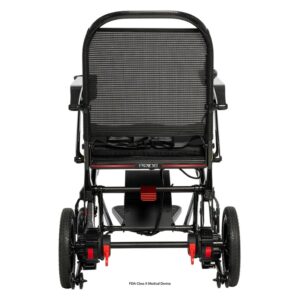 Rear view of the Jazzy® Ultra Light Travel Power Wheelchair, showcasing a mesh back, red accents, and four sturdy wheels.