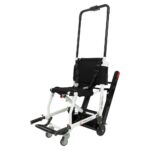 The LITE Mobile Stairlift, with a black seat, safety harness, stair tracks, sturdy handlebar, and four wheels, ensures smooth and safe transitions for all users.