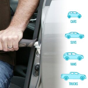 An individual relies on the Metro Car Handle Plus, emphasizing it as an essential automotive safety tool for smooth vehicle exits. Illustrations show its compatibility with cars, SUVs, vans, and trucks.