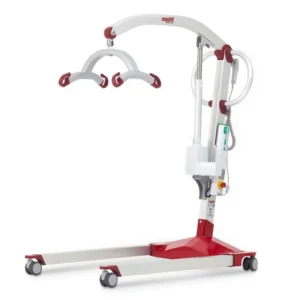 The Molift Mover 180 is a patient lift in red and white, designed with a U-shaped base and a curved arm for seamless lifting support.