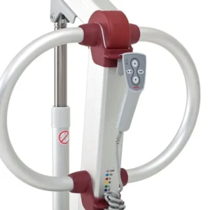 Close-up of the Molift Mover 180 patient lift device with a control panel attached. The device features white circular handles and a metal support pole, enhanced with red accents and controls labeled with sizes and buttons.