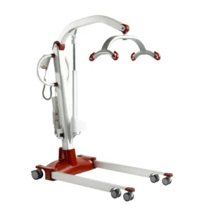 The Molift Mover 300, featuring a red and white design with wheels, includes a robust dual-arm lifting mechanism that ensures safe and efficient patient transfers.