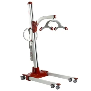 The Molift Partner 255 is a sleek red and silver patient lift featuring wheels and adjustable arms, designed to assist mobility-impaired individuals with ease and comfort.