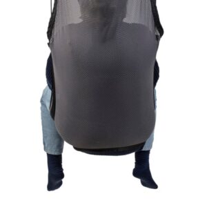 A person wearing a Molift EvoSling Shadow backpack, resembling its highback design, with legs and feet visibly extending from the bottom.