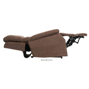 Side view of the VivaLift! Metro 2 Lift Chair in brown upholstery, fully reclined with backrest tilted and footrest elevated for maximum relaxation.