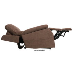 The VivaLift! Metro 2 Lift Chair, upholstered in tranquil brown, is shown fully reclined with an extended footrest and tilted backrest.
