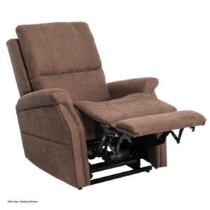 The VivaLift! Metro 2 Lift Chair is a comfortable brown recliner with padded armrests and an extended footrest, shown here in a partially reclined position.