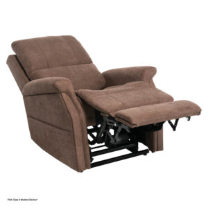 The VivaLift! Metro 2 Lift Chair is a brown fabric recliner featuring an extended footrest and a visible metal reclining mechanism for added comfort.