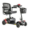 The Go Go™ Elite Traveller® 2 4-Wheel Scooter features a striking red and black design with four wheels, a front basket, a steering handle, and a comfortable padded seat with armrests.