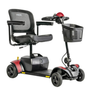 The Go Go™ Elite Traveller® 2 4-Wheel Scooter features a striking red and black design with four wheels, a front basket, a steering handle, and a comfortable padded seat with armrests.