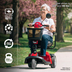 A woman rides a Conquest 3-Wheel Scooter on the sidewalk; image highlights its 15-mile range, 6 mph speed, 350-lb capacity, and tight turning—offering versatility similar to a lightweight power wheelchair.